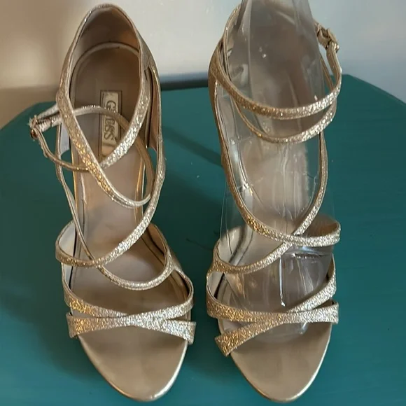 Guess Women’s Gold Glitter Strappy 4 1/2” Stiletto Formal Heels Prom Ready - Picture 10 of 13